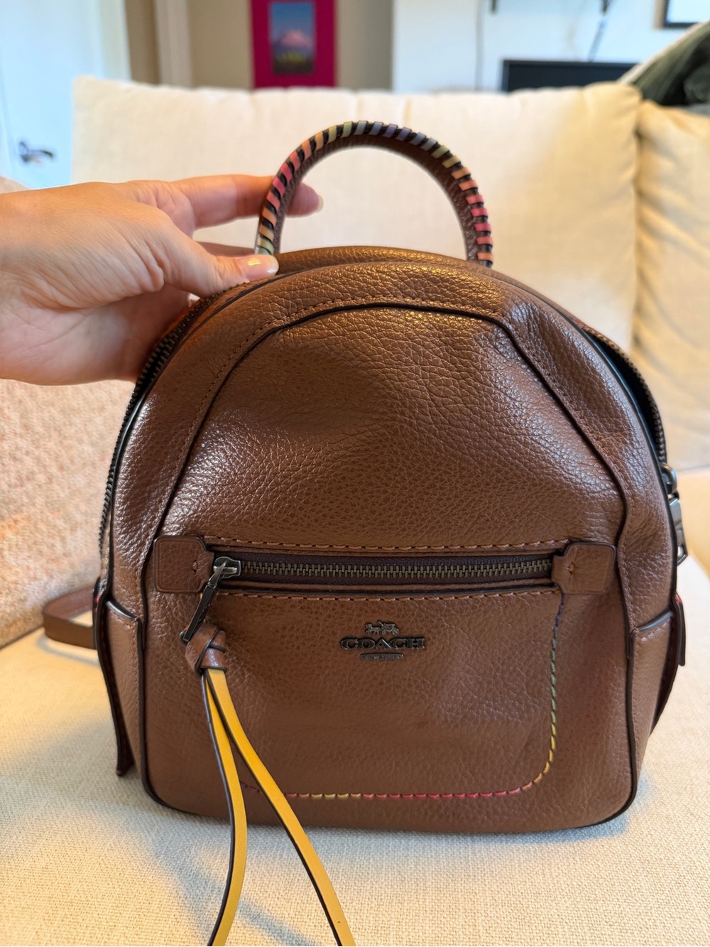 Coach Brown Pebbled Leather Mini Backpack with Multicolor Stitching